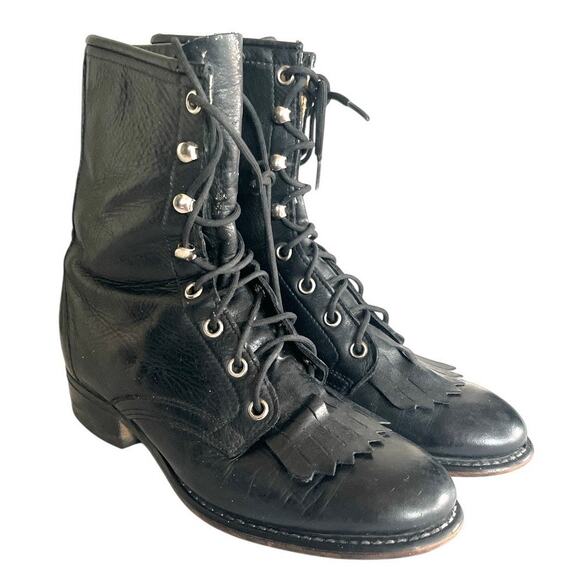 AMERICAN VINTAGE Laredo Boots Women's 6.5 Black Leather Kiltie Granny Roper USA - Picture 1 of 13